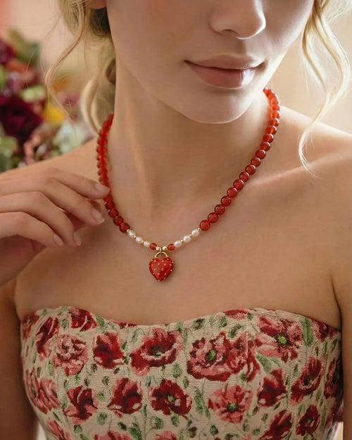Red Agate Pearl 18K Gold Plated Necklace – Courage & Feminine