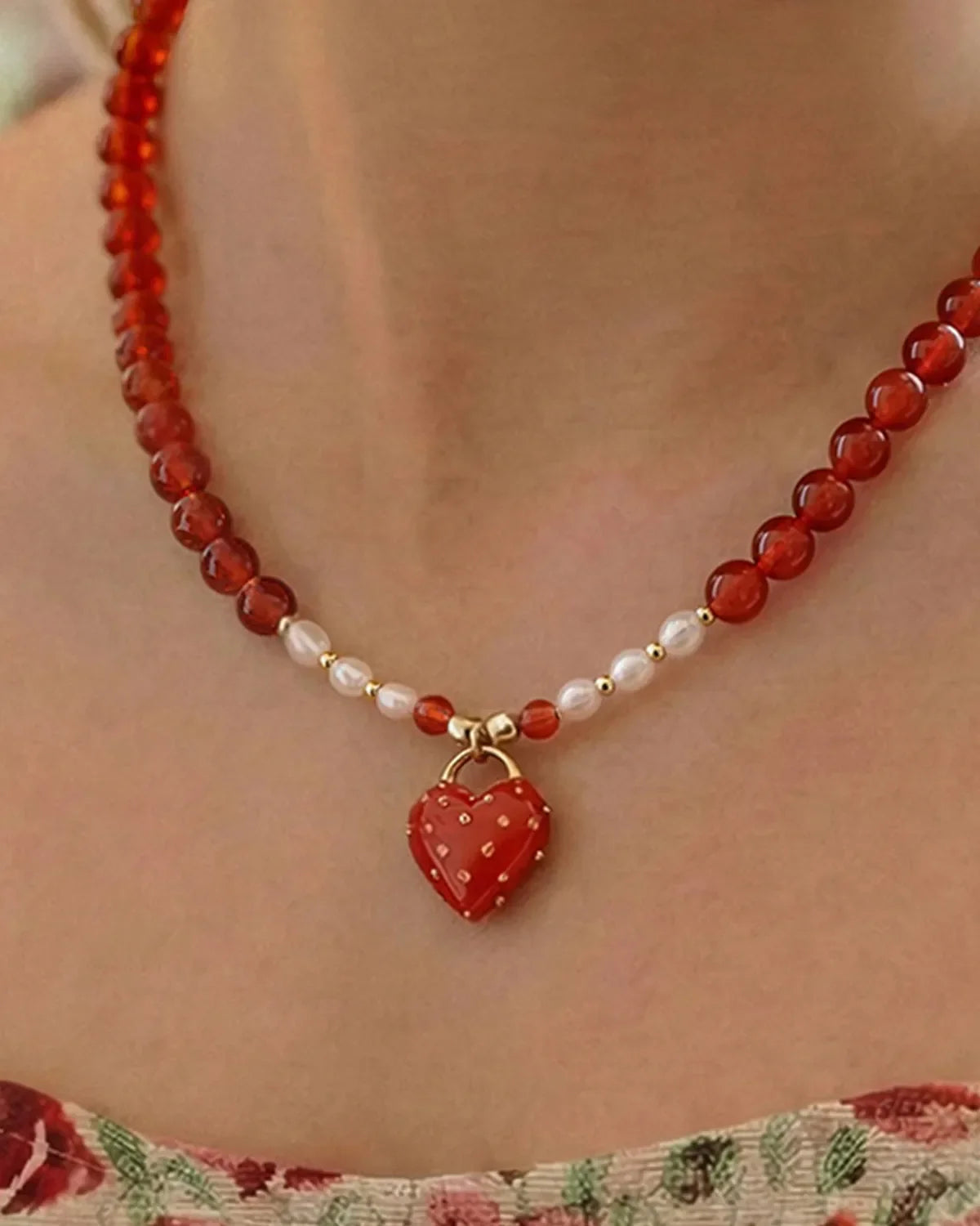 Red Agate Pearl 18K Gold Plated Necklace for Courage and Feminine