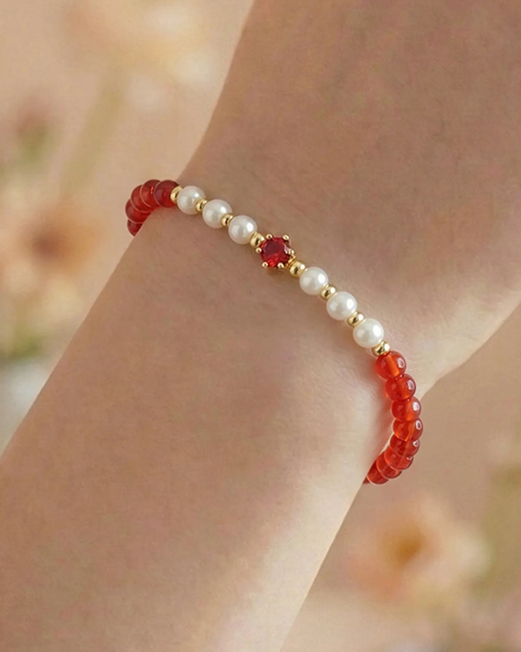 Red Agate Pearl 14K Gold Plated Bracelet for Courage and Wisdom