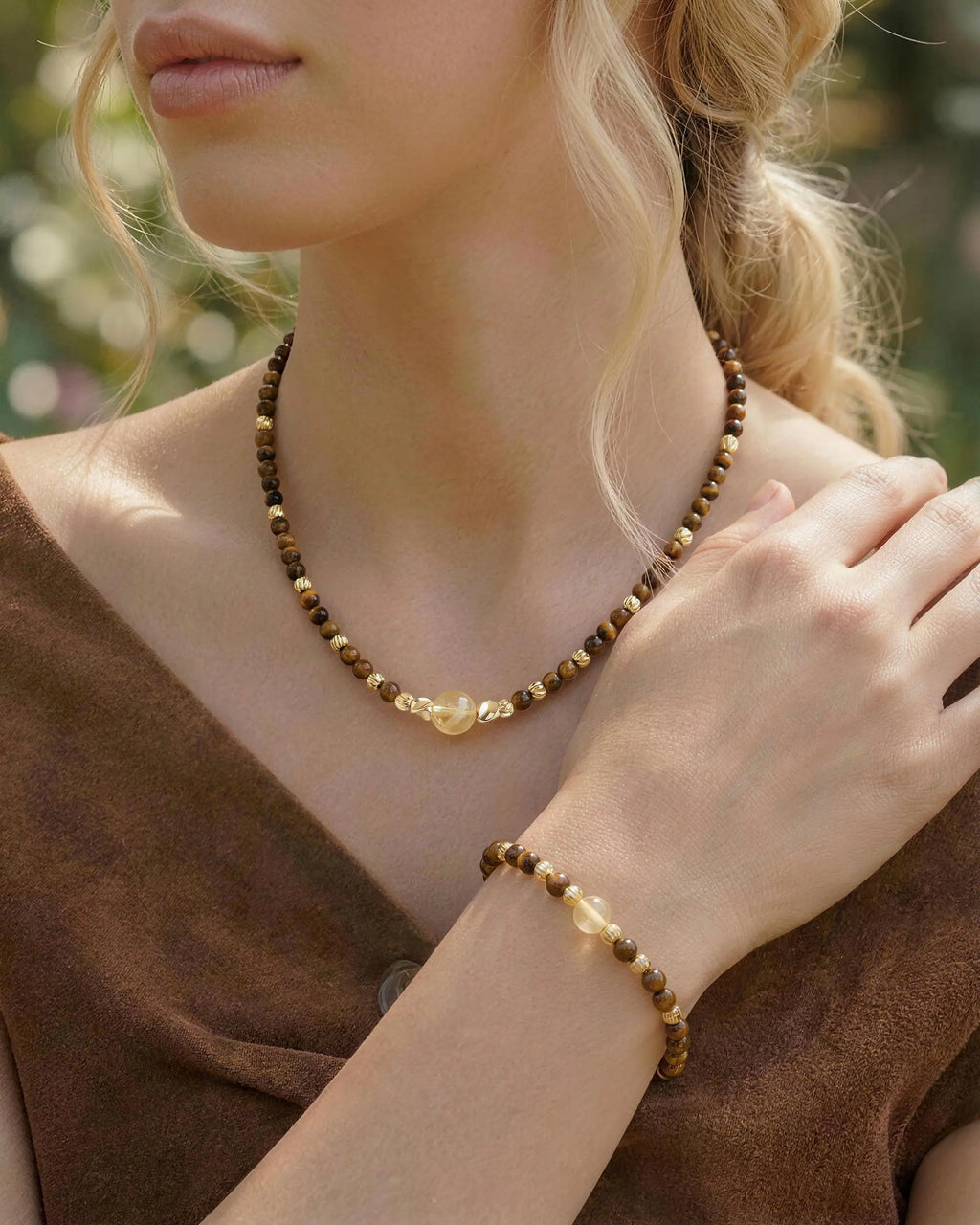 Tiger's Eye Citrine Gold Necklace & Bracelet Set – Strength & Courage