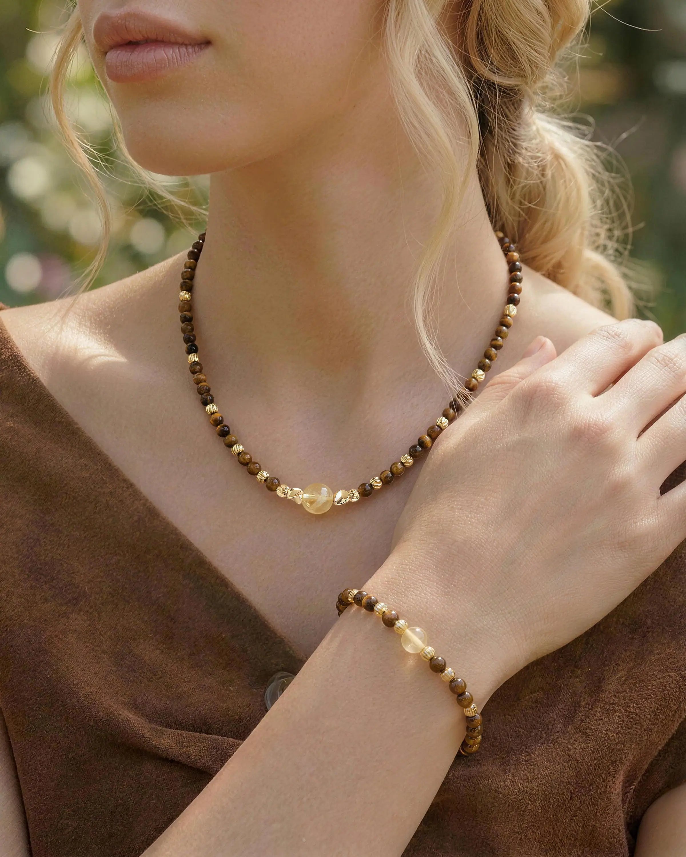 Tiger's Eye Citrine Gold Necklace & Bracelet Set – Strength & Courage