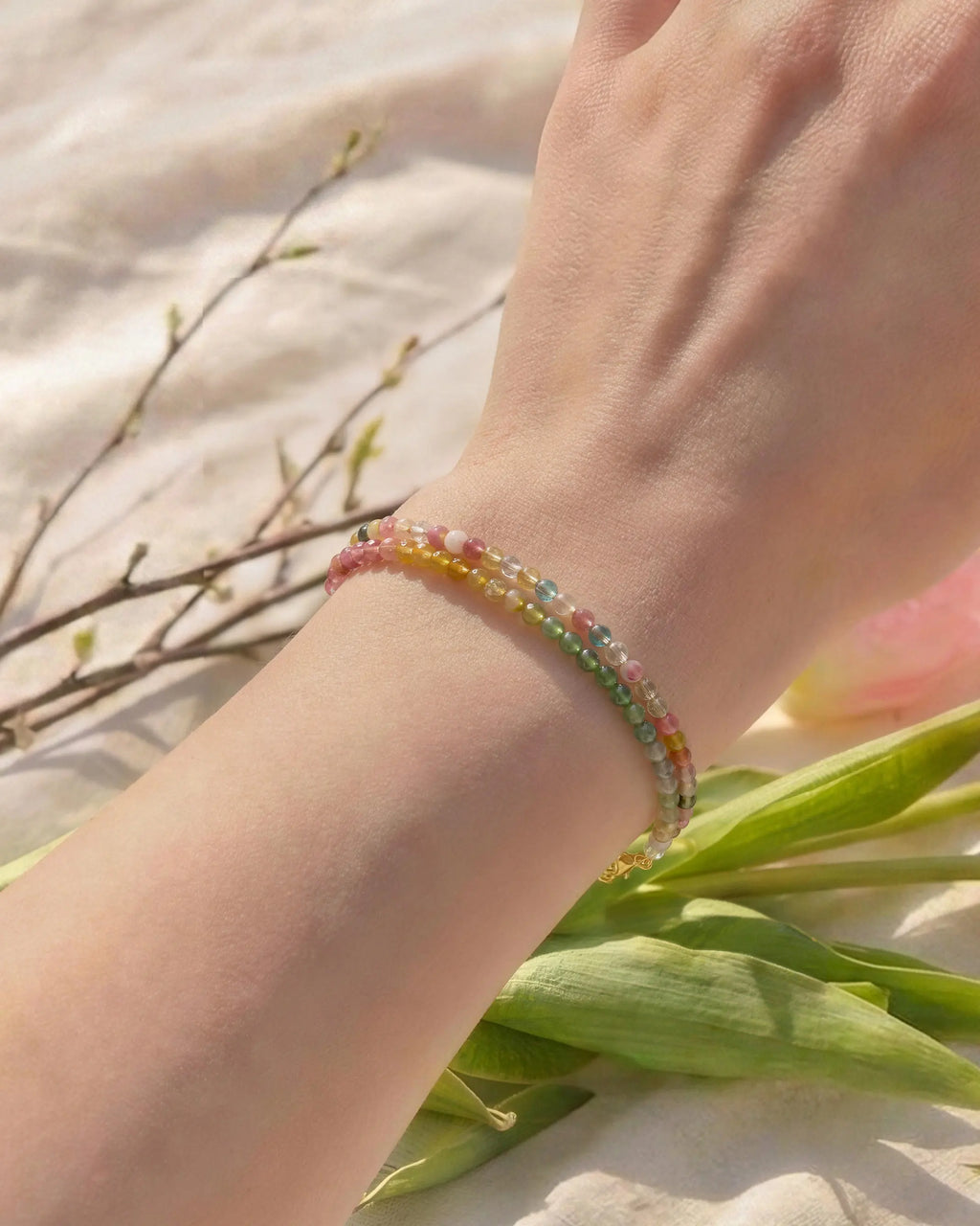 tourmaline dual-strand beaded bracelet on the model