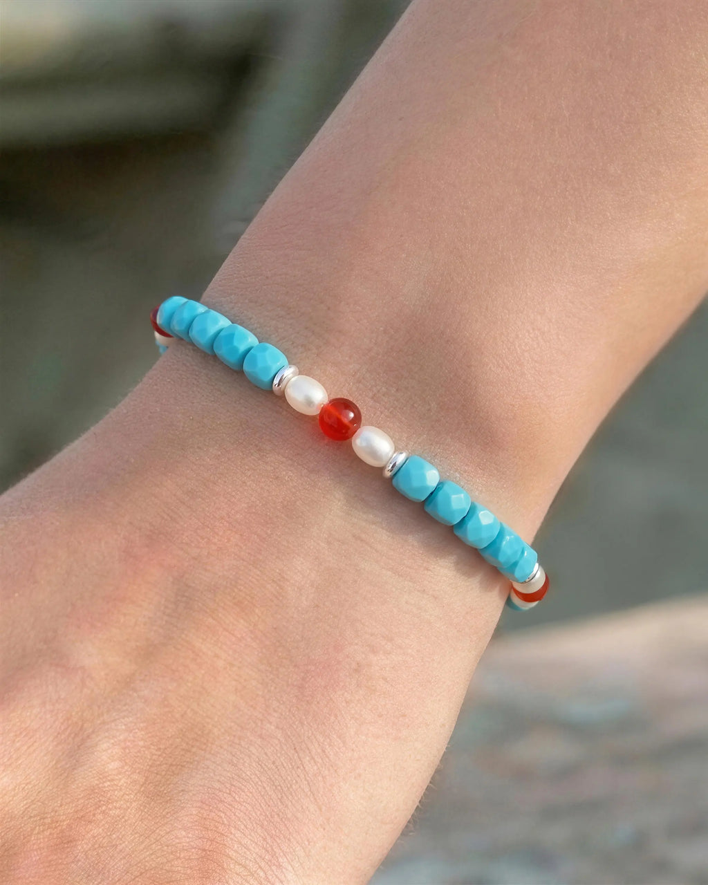 turquoise cube beaded bracelet on the model – december birthstone jewelry