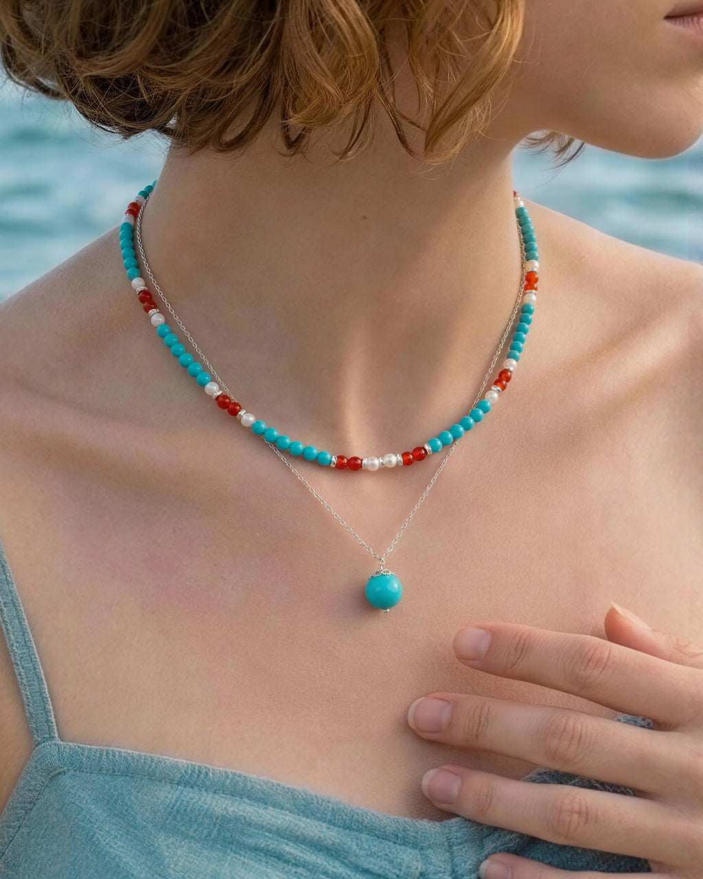 Turquoise Red Agate Silver Necklace Set – Calm & Serenity