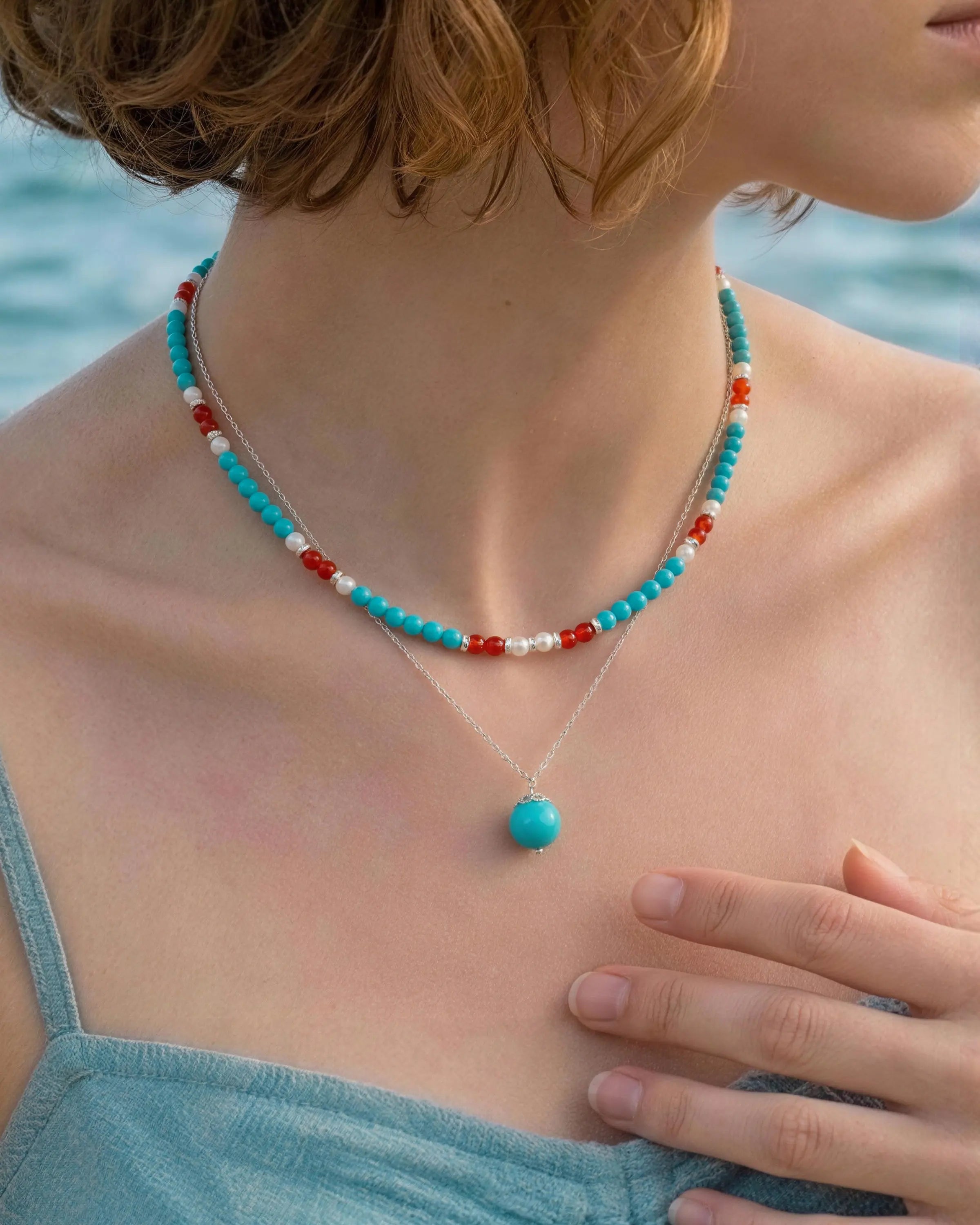 Turquoise Red Agate Silver Necklace Set – Calm & Serenity