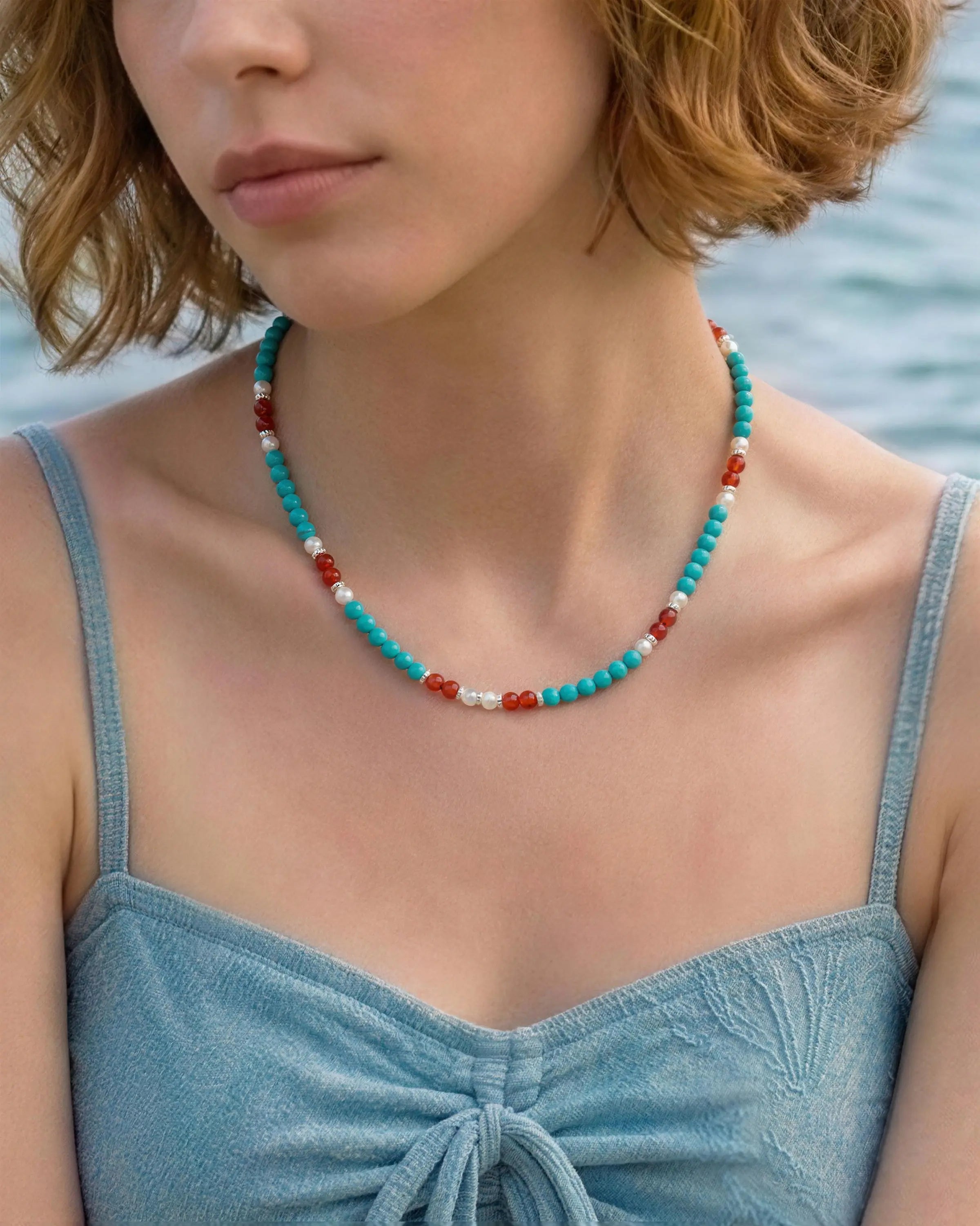 4mm Turquoise Beaded Necklace with Carnelian and Pearl