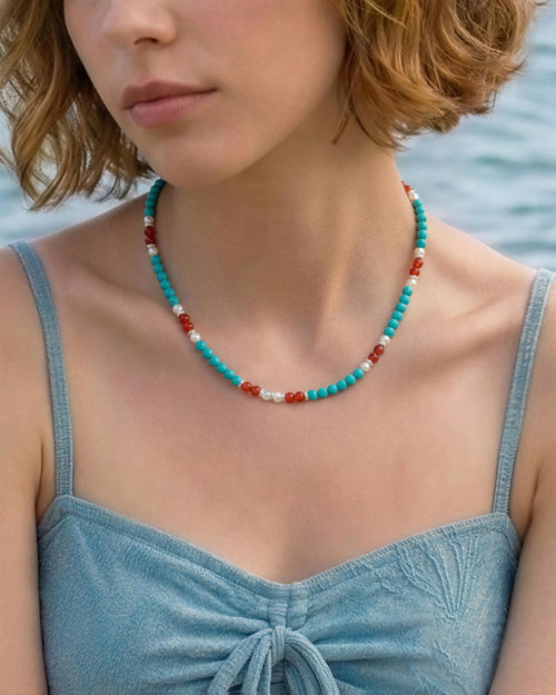 4mm Turquoise Beaded Necklace with Carnelian and Pearl