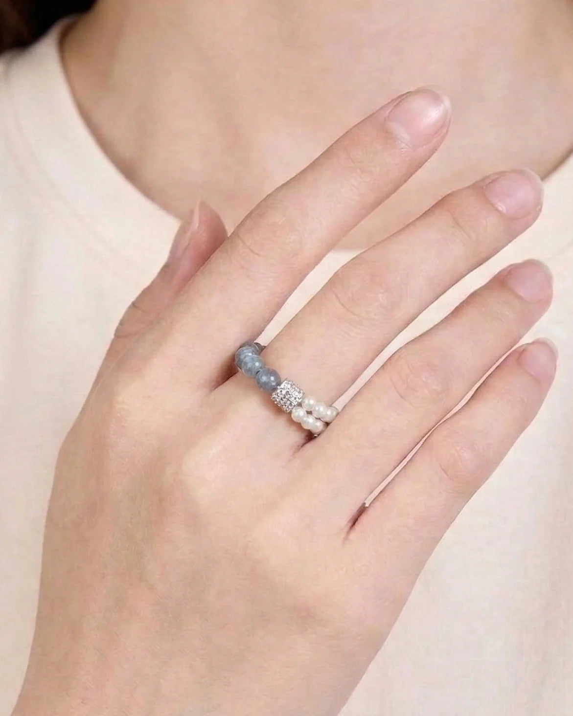 white moonstone & pearl beaded ring